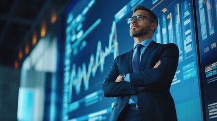 business leader standing in front of a large screen with a growth chart, confident and triumphant