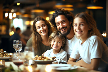 Retrato de una familia feliz comiendo en un restaurante. Reunión familiar, disfrutando de momentos de vacaciones familiares.
