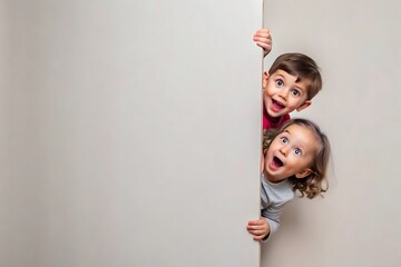 Playful children peeking out from behind a wall in surprise