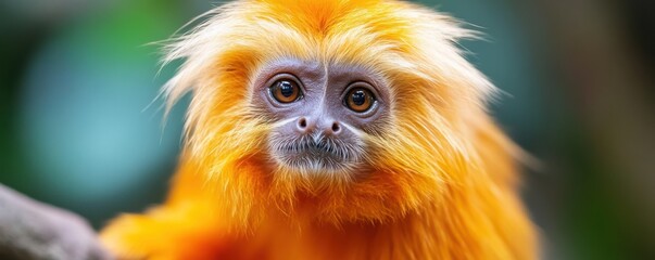 Fototapeta premium Close-up of a vibrant and curious golden lion tamarin showcasing its striking orange fur and expressive eyes