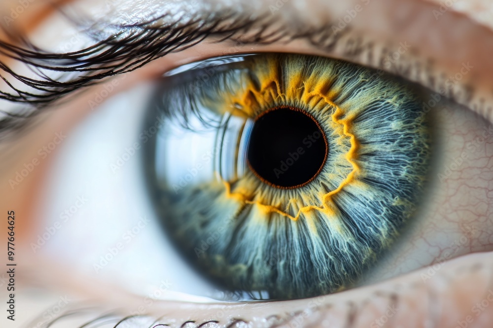 Poster high resolution image of a golden iris surrounded by blue and green highlights showing intricate vei