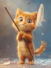 Whimsical Orange Tabby Cat with Feather Wand