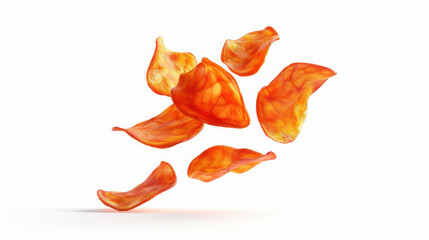 Fototapeta premium Peri Peri Fruit chips, crispy, falling on a plain white background. Hyperrealistic, cinematic and high quality