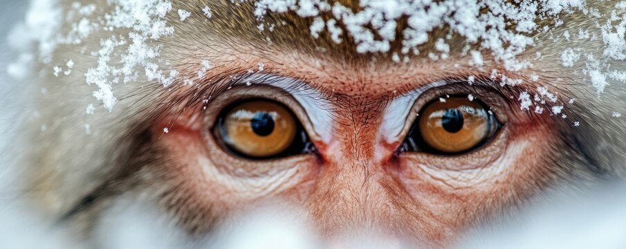 Vibrant close-up portrait of a Japanese macaque with a striking red face covered in snowflakes against a serene blue background