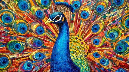 Fototapeta premium Generate a high-resolution mosaic of a beautiful peacock with its feathers fanned out