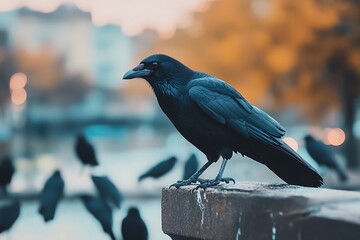 Single black crow perched on a wooden railing with a flock of crows in the background
