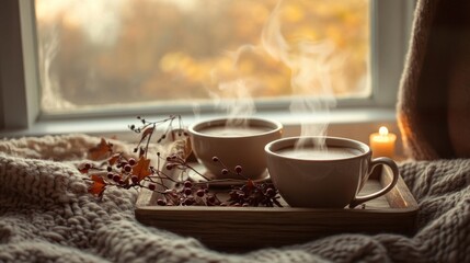 Fototapeta premium autumn scene centered around two steaming cups of coffee on a rustic wooden tray. 