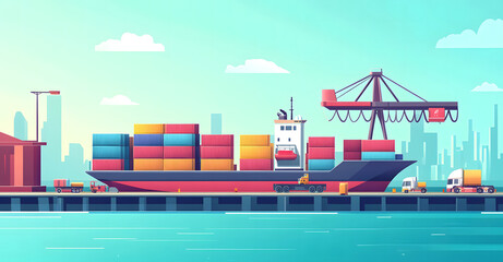 Obraz premium Cargo Ship at Dock with Cranes Loading Shipping Containers for Global Trade