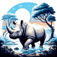 Fototapeta premium 코뿔소, 픽셀아트 (Rhinoceros, Pixel Art)