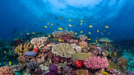 Wide view underwater coral reef background in the deep blue ocean with vibrant fish and marine life
