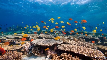 Wide view underwater coral reef background in the deep blue ocean with vibrant fish and marine life
