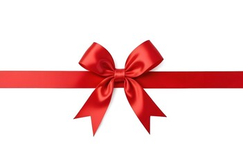 Fototapeta premium Classic red ribbon bow tied neatly across a white background, ideal for gift wrapping, celebrations, or festive decoration purposes. 