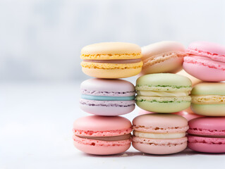 Obraz premium A stack of sweet pastel macaroons cookies on soft grey blurry background with cops space 