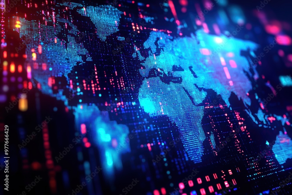 Poster abstract digital world map with vibrant neon colors, showcasing interconnected data patterns and glo