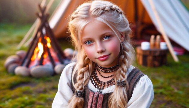 Junges M&auml;dchen in traditioneller Kleidung beim Maifeuer