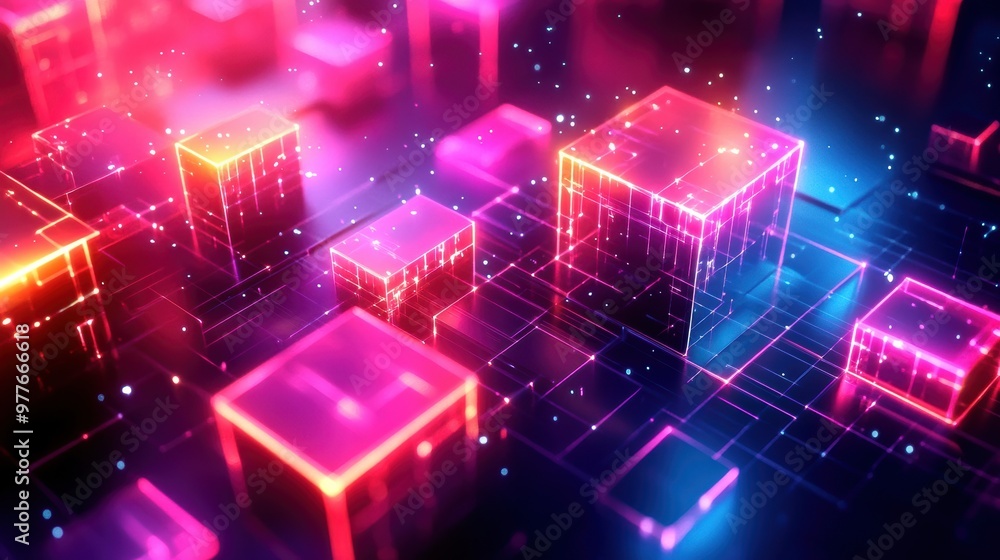 Poster abstract neon cubes floating in a vibrant digital landscape, showcasing colorful lights and depth in