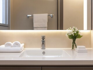Minimalist Bathroom Vanity with Soft Lighting and Flowers