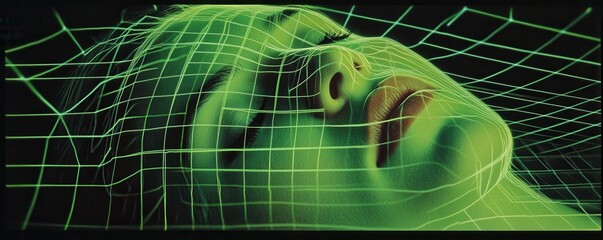 Vintage album cover featuring a green laser grid overlay on a serene face, creating a futuristic and retro aesthetic