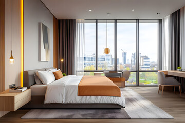 Light hotel bedroom interior with sleep and work zone, panoramic window