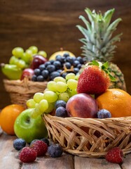 Rustic fruit baskets with depth of field featuring assorted fresh fruits and natural textures