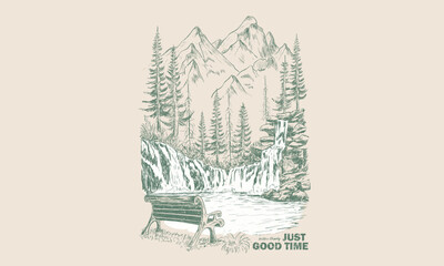 Mountain camping. Adventure at the mountain graphic artwork for t shirt and others. River and waterfall with hill artwork. Mountain with tree vintage print design. good life. Bench hand sketch.