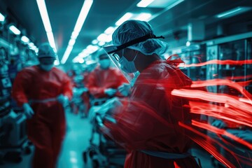 Nurses performing a quick triage in a chaotic emergency room, skillful decision-making under pressure