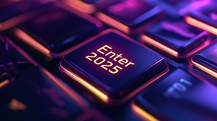 close-up of a keyboard features a glowing "Enter 2025" key in vibrant neon colors

