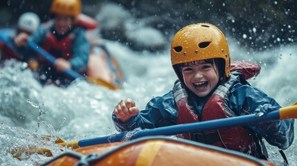 Child extreme sports instructor guiding a group through white-water rafting, navigating intense rapids.