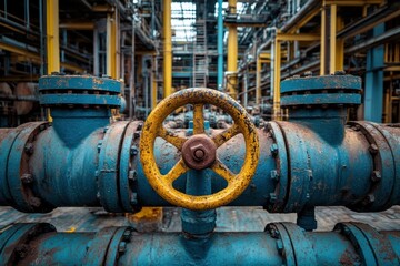 An industrial scene featuring a large blue valve with a yellow handle amidst a network of pipes in a factory setting.