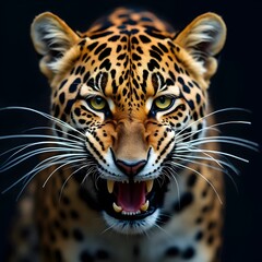 Obraz premium Leopard roaring headshot with sharp fangs and intense gaze