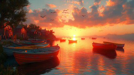 Fototapeta premium Sunset over Calm Water with Boats and Mountains - 3D Illustration