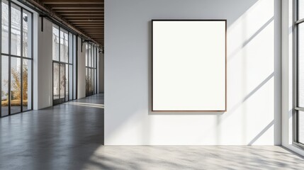 Bright and spacious interior showcasing a blank frame on a gallery wall, perfect for showcasing art or photographs.