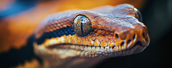 Fototapeta premium Close-up of a vibrant boa constrictor's eye and scales showcasing natural beauty and intricate patterns in its habitat
