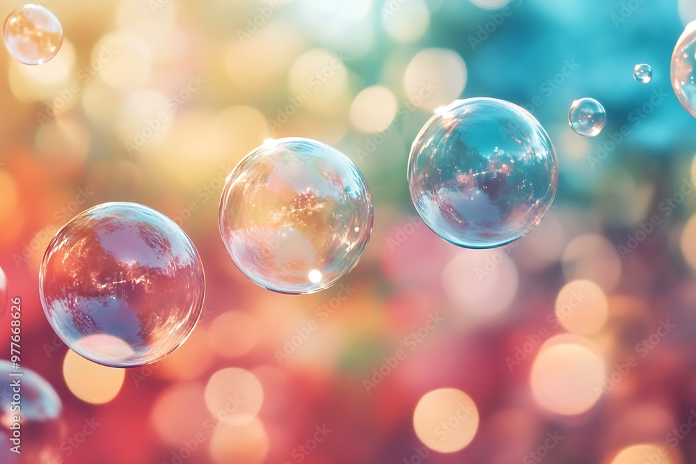 Poster colorful bokeh background with soap bubbles floating in the air