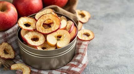 Artistic shot of dried apple rings in a vintage tin