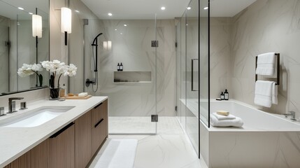 Fototapeta premium Modern bathroom with glass shower and marble tiles