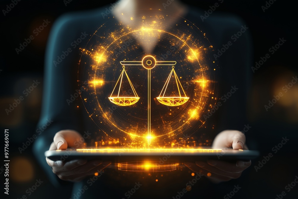Poster golden balance scale held in hands symbolizing justice fairness and law illuminated with warm glow r