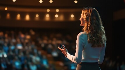 female entrepreneur giving a keynote speech at a global business summit
