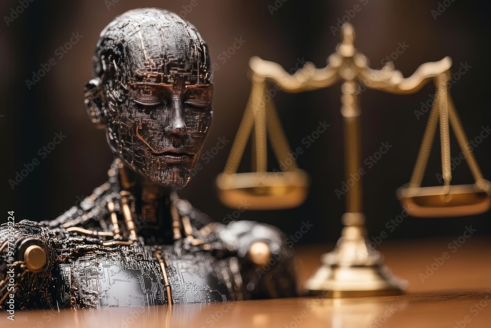 Poster futuristic robot holding balance scale illustrating the merging of technology with legal systems and