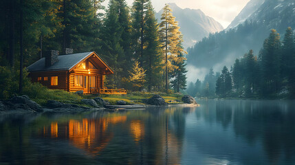 Cabin by the Lake in the Forest - 3D Illustration