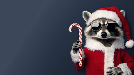 A mischievous raccoon in a Santa suit and sunglasses, holding a candy cane against a navy blue-to-gray gradient background