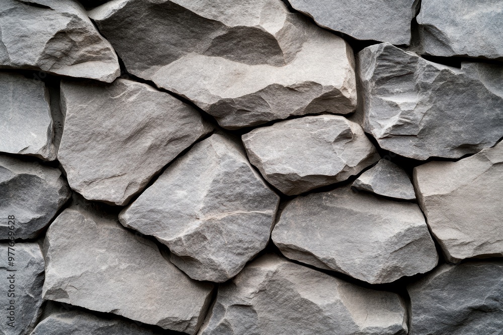 Poster close-up of a rustic stone wall showcasing different shapes and sizes of gray rocks, perfect for tex