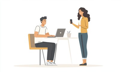 A man sitting at his desk with a laptop, a woman standing next to him holding a phone in her hand overall scene depicts a professional work environment Generative AI