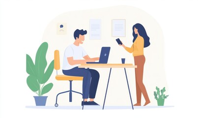 two people, one man sitting at a desk with a laptop, and a second woman standing near him, holding a mobile phone in her hand Generative AI
