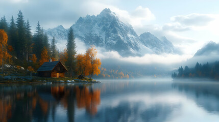 Fototapeta premium Cabin by the Lake with Mountain View - Realistic Landscape Image