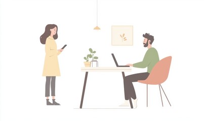 a man sitting at a desk with a laptop, and a woman standing near him holding a phone, against a white background Generative AI