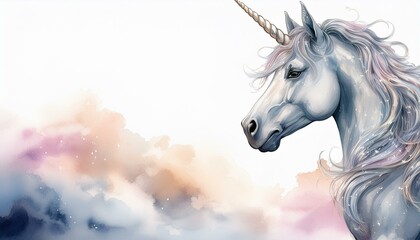 A dreamy watercolor illustration of a unicorn with flowing mane, set against a soft background of pastel-colored clouds.