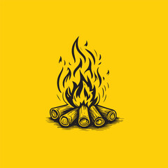 Camp fire or bonfire burning on firewood design