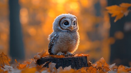 A baby owl sits on a tree stump surrounded by autumn leaves.