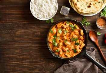 Chicken tikka masala curry in cast iron pan on wooden background